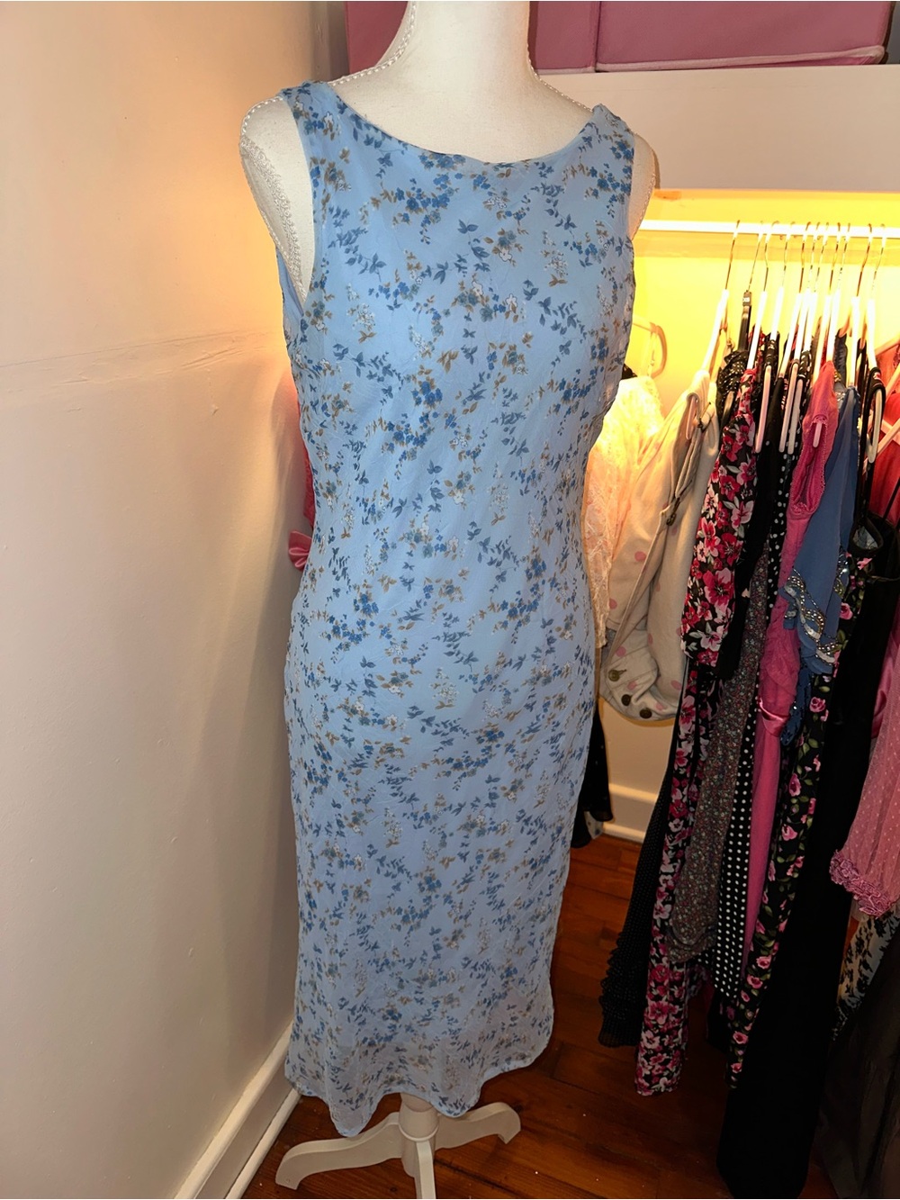 Light Blue Floral Midi Dress - Sleeveless Elegant Sheath